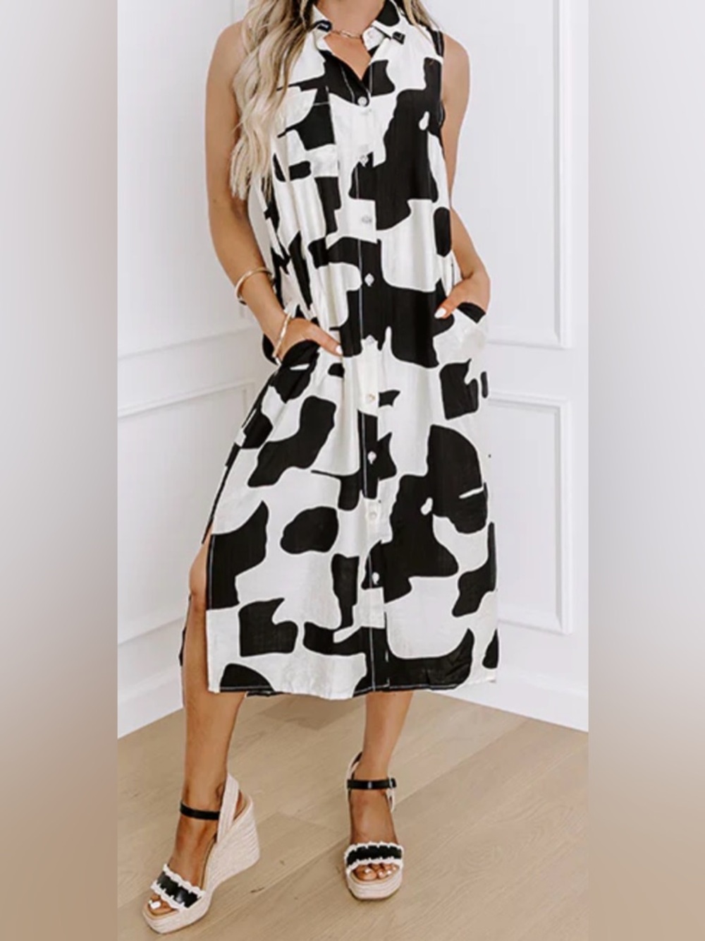 entro Black and White Sleeveless Button-Front Midi Shirt Dress NWOT Small